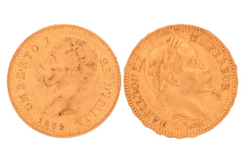 Lot 127 - A French 1861 gold twenty Franc coin, and an...