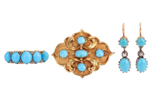 Lot 58 - A turquoise-set brooch, ring and earrings...