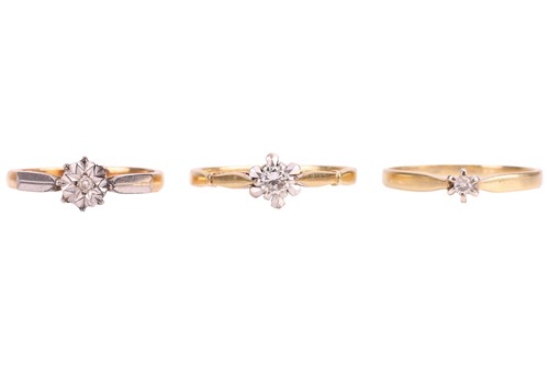 Lot 148 - Three diamond solitaire rings; the first...