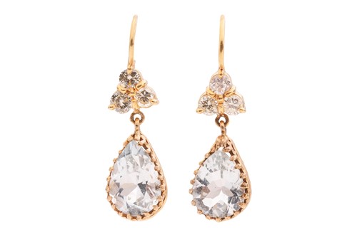 Lot 17 - A pair of aquamarine and diamond drop earrings,...