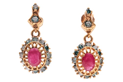 Lot 15 - A pair of ruby and treated blue diamond...