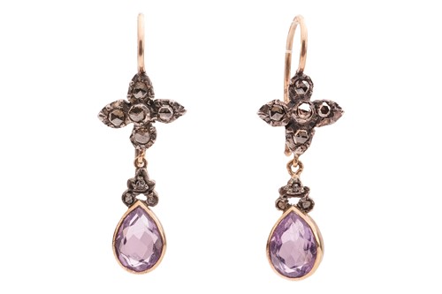 Lot 167 - A pair of amethyst and diamond drop earrings,...