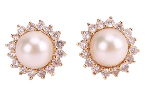 Lot 87 - A pair of cultured pearl and diamond halo stud...
