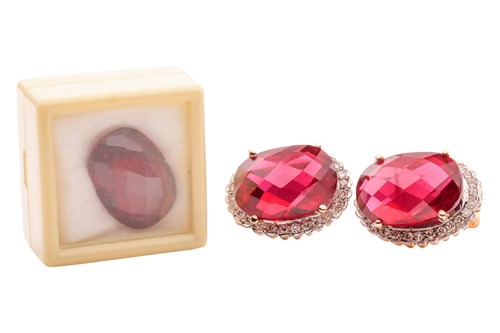 Lot 174 - A pair of synthetic ruby and diamond halo...