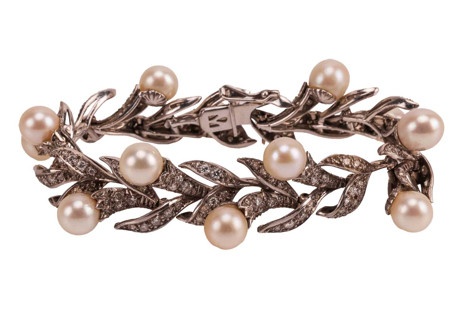 Lot A foliate bracelet set with cultured pearl and...