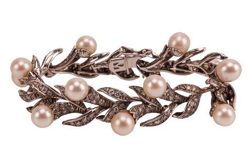 Lot A foliate bracelet set with cultured pearl and...
