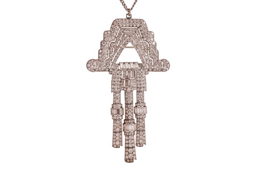 Lot A large Art Deco diamond brooch pendant on...