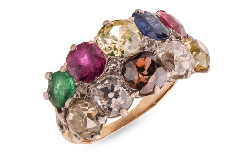 Lot 265 - A dress ring set with two rows of coloured old-...