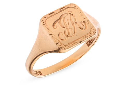 Lot 110 - A signet ring in 18ct gold, the square ring...