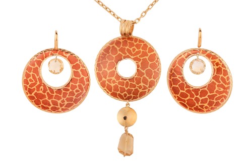 Lot 281 - An enamel and citrine necklace and earrings...