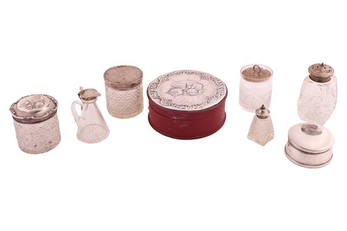 Lot 444 - Three cut glass jars with silver covers, two...