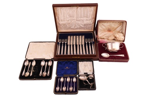 Lot 111 - A cased set of silver fruit knives and forks,...