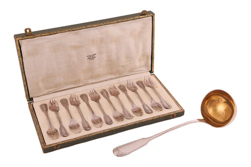 Lot A cased set of twelve French silver oyster...