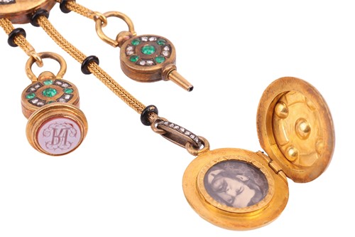 Lot 349 - A 19th century French enamel, emerald and...