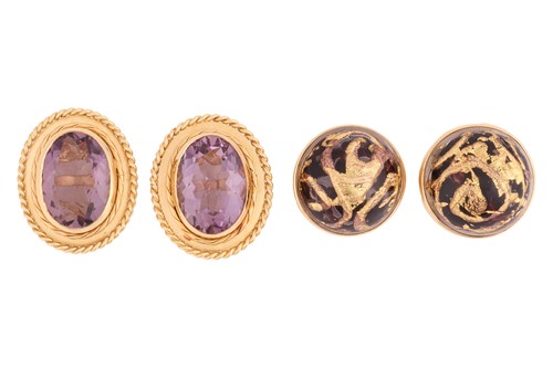 Lot Two pairs of 18ct gold and gem set ear clips,...