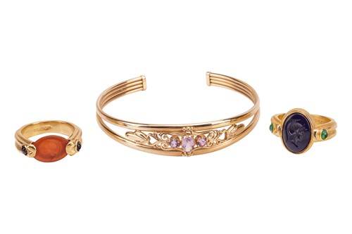 Lot 299 - An amethyst-set open cuff bangle, the open...