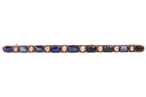 Lot A sapphire and seed pearl bar brooch,...