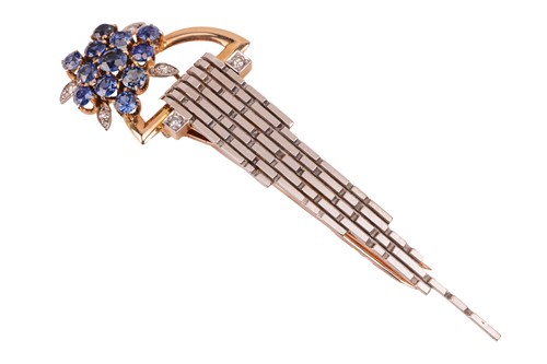 Lot 8 - A floral dress clip set with sapphire and...