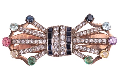 Lot A multi-gem set duette double clip brooch, of...