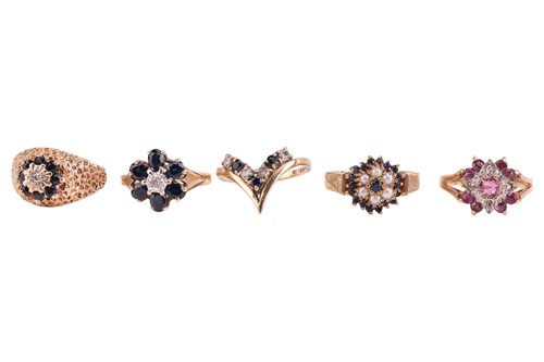 Lot 303 - Five hallmarked 9ct gold and gem set rings,...