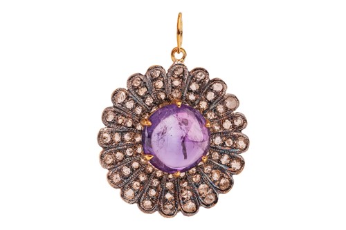 Lot An amethyst and diamond floral cluster pendant,...