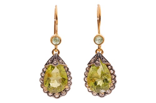 Lot A pair of gem-set drop earrings, each set with...