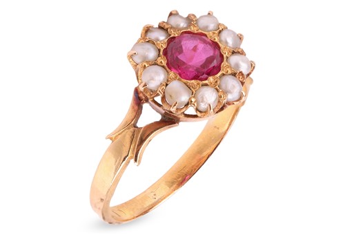 Lot A synthetic-ruby and keshi pearl cluster ring,...