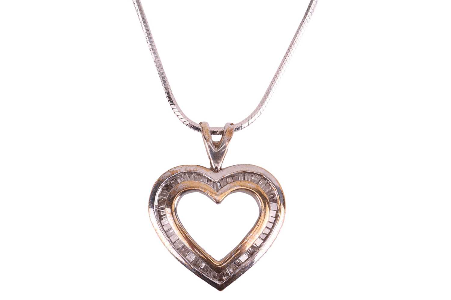 Lot 137 - A 9ct gold diamond open heart-shaped pendant...