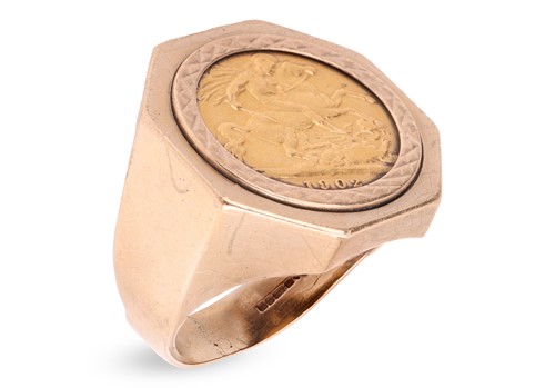 Lot 172 - A 9ct gold signet ring with a half sovereign...