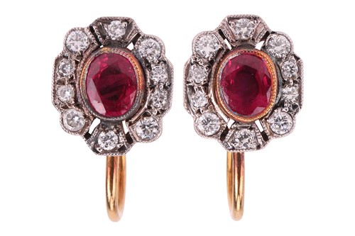 Lot 265 - A pair of ruby and diamond earrings, each...