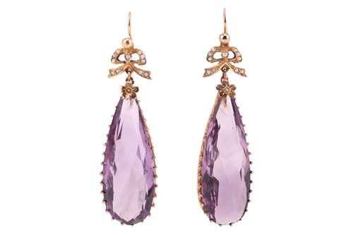 Lot 271 - A pair of large amethyst and seed pearl drop...