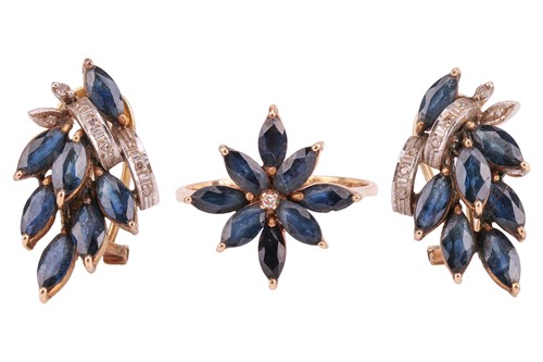 Lot 125 - A sapphire and diamond cluster ring and a pair...