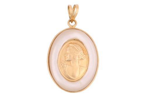 Lot 220 - A mother-of-pearl pendant; the oval pendant...