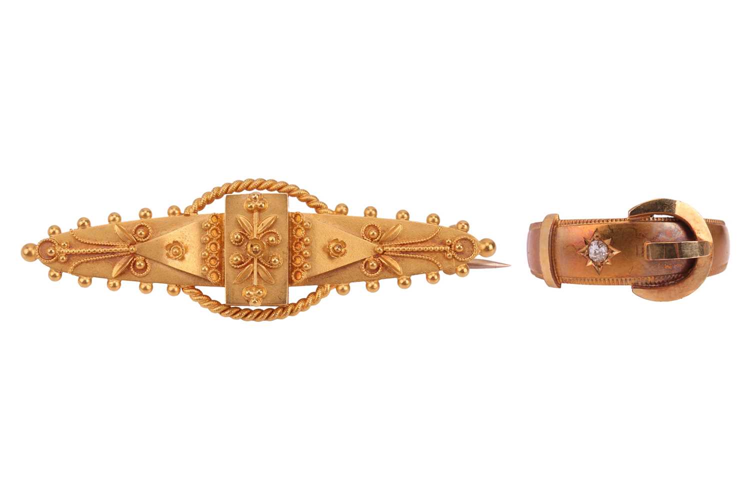 Lot 19 - A Victorian ring and bar brooch; the ring is