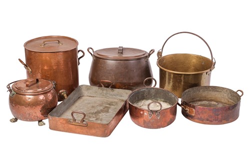 Lot A group of large copper and brass kitchen /...
