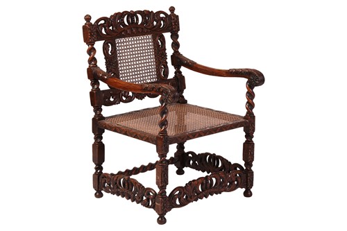 Lot A Charles II style oak open armchair of broad...