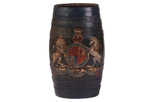 Lot An oval coopered oak barrel, stick stand...