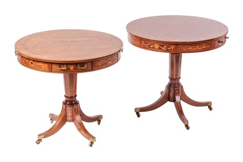 Lot A near pair of circular tripod drum tables,...