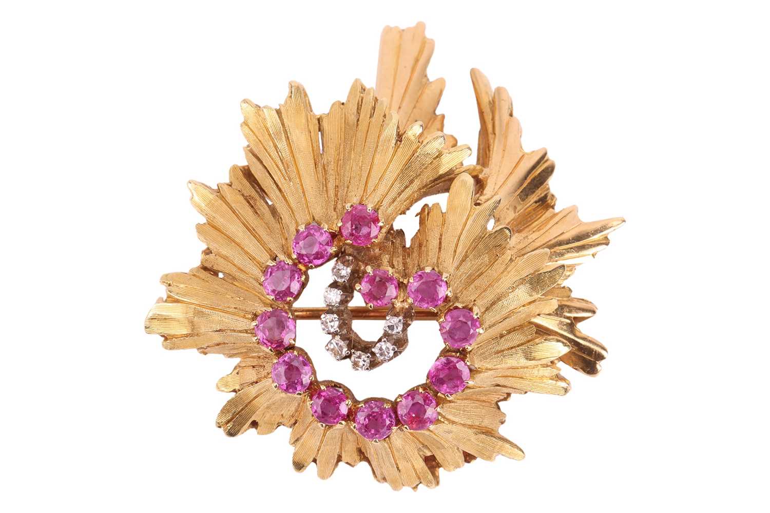 Lot A Modernist brooch set with pink sapphire and...