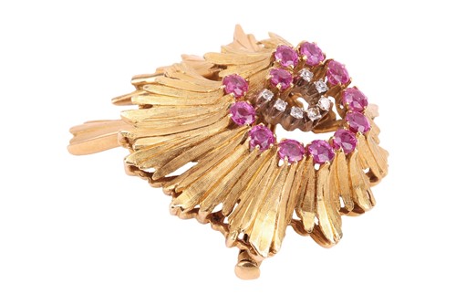 Lot A Modernist brooch set with pink sapphire and...