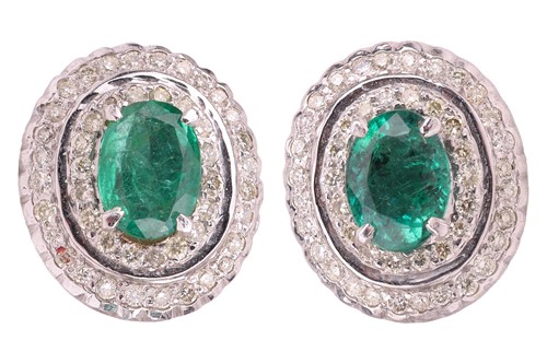 Lot A pair of emerald and diamond cluster earrings,...