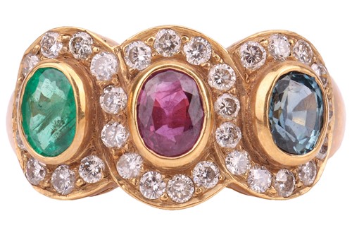 Lot A multi-gem triple cluster ring, bezel-set...