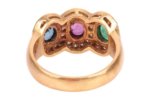 Lot A multi-gem triple cluster ring, bezel-set...