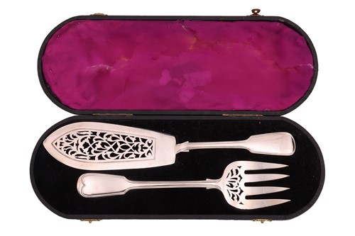 Lot A cased pair of Victorian fish servers; fiddle...