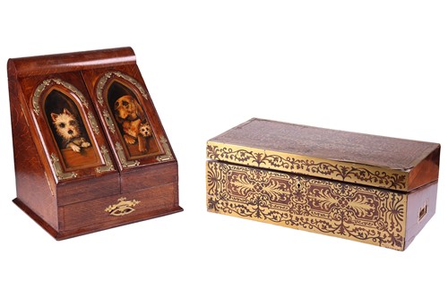 Lot An Edwardian oak and brass-mounted stationery...