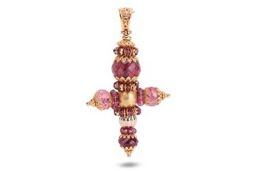 Lot A tourmaline beaded cross pendant, the...
