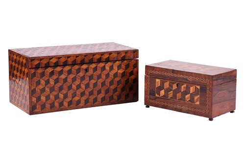 Lot A George III two-section parquetry tea caddy...