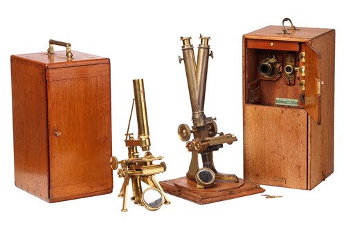Lot 120 - A late 19th century brass binocular microscope,...