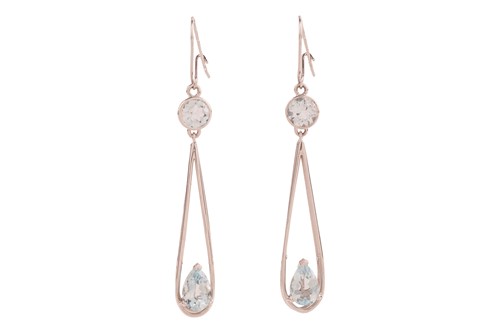 Lot A pair of drop earrings set with aquamarine...