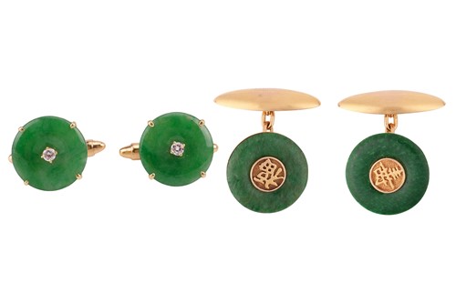 Lot 199 - Two pairs of green jadeite cufflinks; the...